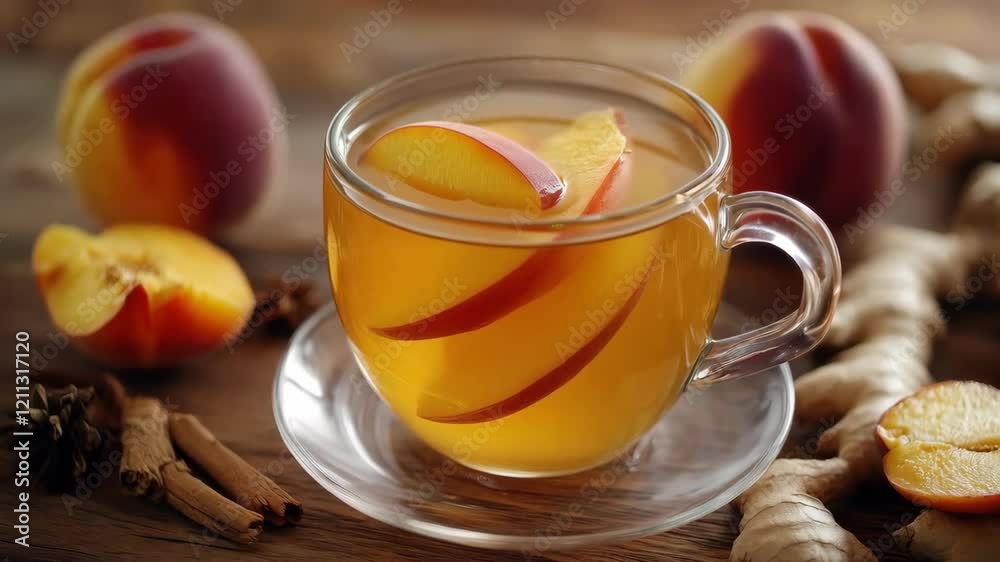Refreshing peach ginger tea with cinnamon on rustic wooden table Refreshing peach ginger tea with cinnamon on rustic wooden table