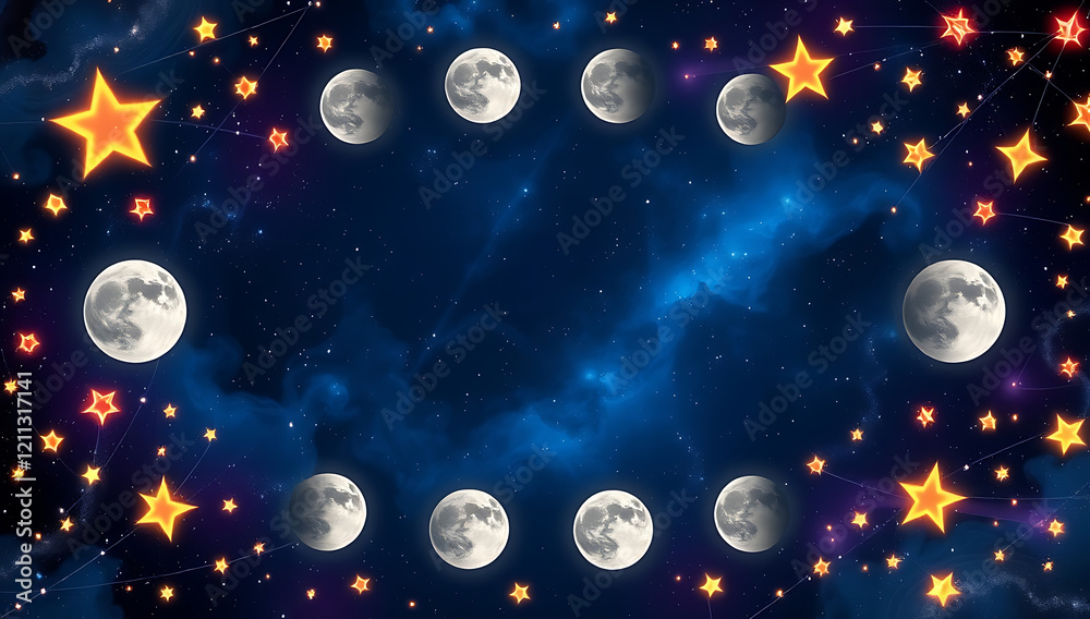 Fototapeta premium Celestial frame with animated glowing stars, moon phases, and swirling galaxy patterns, set against a deep midnight-blue cosmic background.