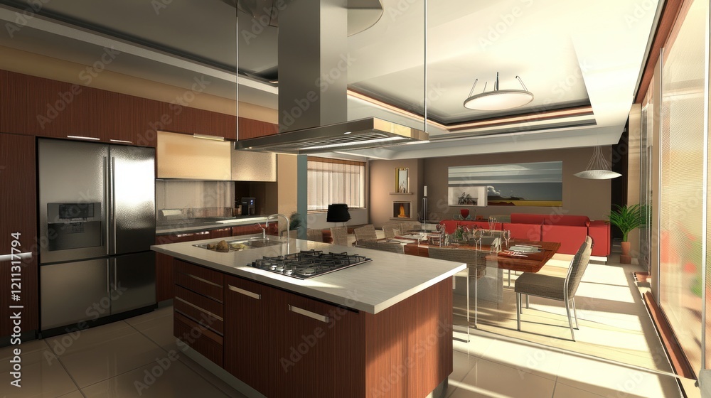 Fototapeta premium Modern Kitchen and Living Room Design: Open Concept Interior Architecture