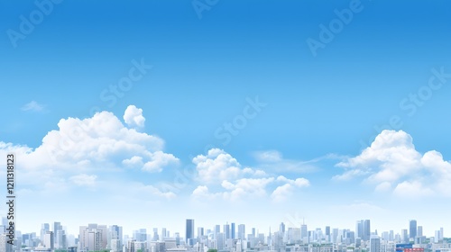 Breathtaking panoramic view of a modern cityscape with towering skyscrapers and a bright clear sky overhead