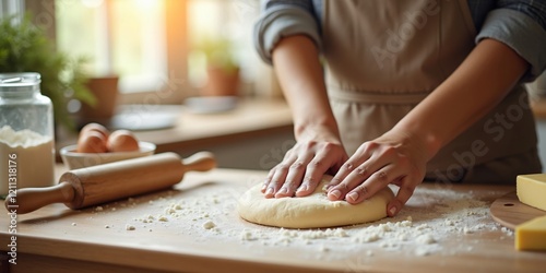 Cozy Kitchen with Person Kneading Dough and Fresh Baking Ingredients in Soft Sunlight photo