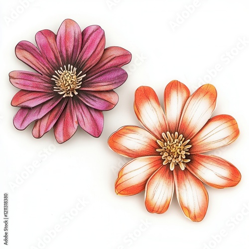 Two paper flowers, white background, craft design
