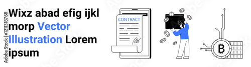 Bitcoin symbol integrated with blockchain network, person handling digital wallet with coins, and smart contract on a clipboard. Ideal for Fintech, Cryptocurrency blogs, Educational articles