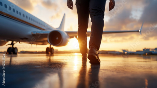 Departure at Sunset: A man walks towards a private jet at sunset, his journey symbolizing adventure, business travel, and the pursuit of opportunity. The golden hour light casts a dramatic glow. photo