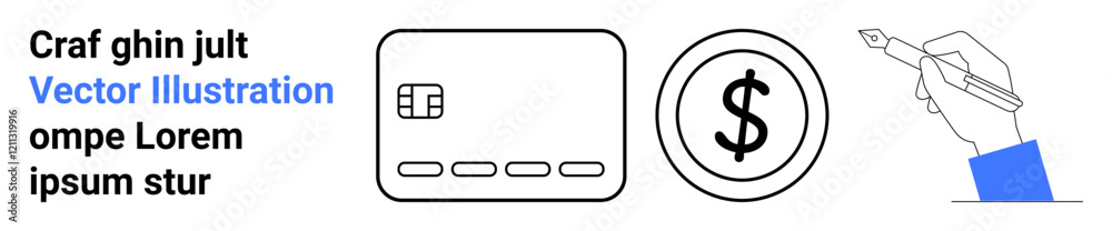 Credit card icon, dollar symbol, and hand holding a pen. Ideal for finance, banking, e-commerce, payments, contracts business transactions financial education. Landing page Credit card icon, dollar symbol, and hand holding a pen. Ideal for finance, banking, e-commerce, payments, contracts business transactions financial education. Landing page