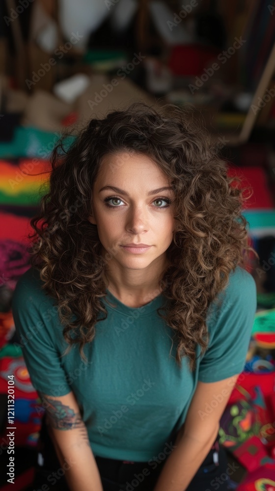 Fototapeta premium Creative Woman Artist Portrait Curly Hair Teal Shirt Studio