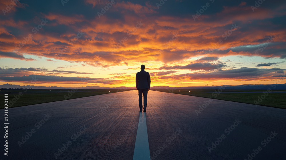 Silhouette of Determination: A solitary figure stands at the center of a long runway, silhouetted against a vibrant sunset sky. This evocative image captures the essence of resilience, hope. Silhouette of Determination: A solitary figure stands at the center of a long runway, silhouetted against a vibrant sunset sky. This evocative image captures the essence of resilience, hope.