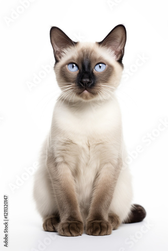 Beautiful Siamese cat with bright blue eyes on a white background.