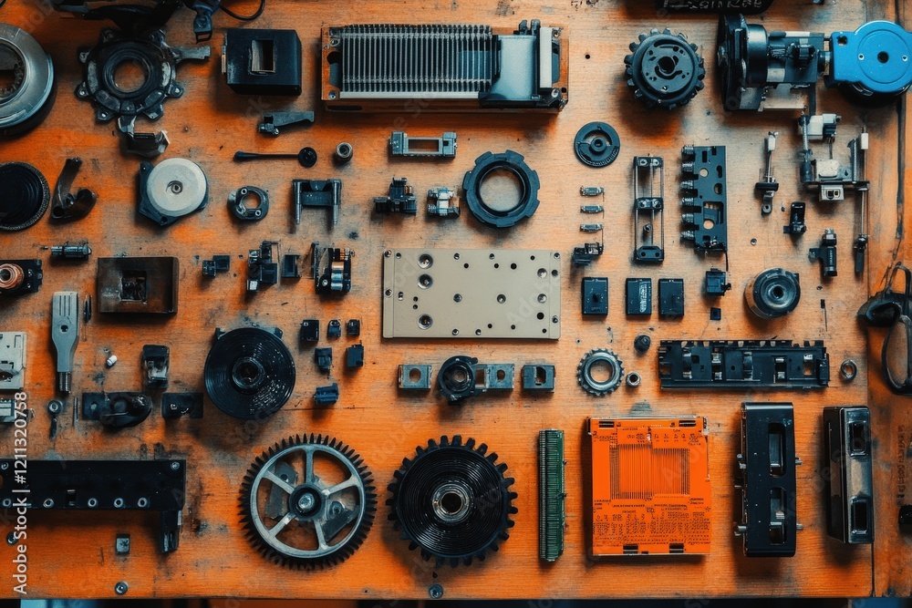 A creative flat lay of robotic parts: servos, gears, and circuit boards arranged neatly on a workbench A creative flat lay of robotic parts: servos, gears, and circuit boards arranged neatly on a workbench