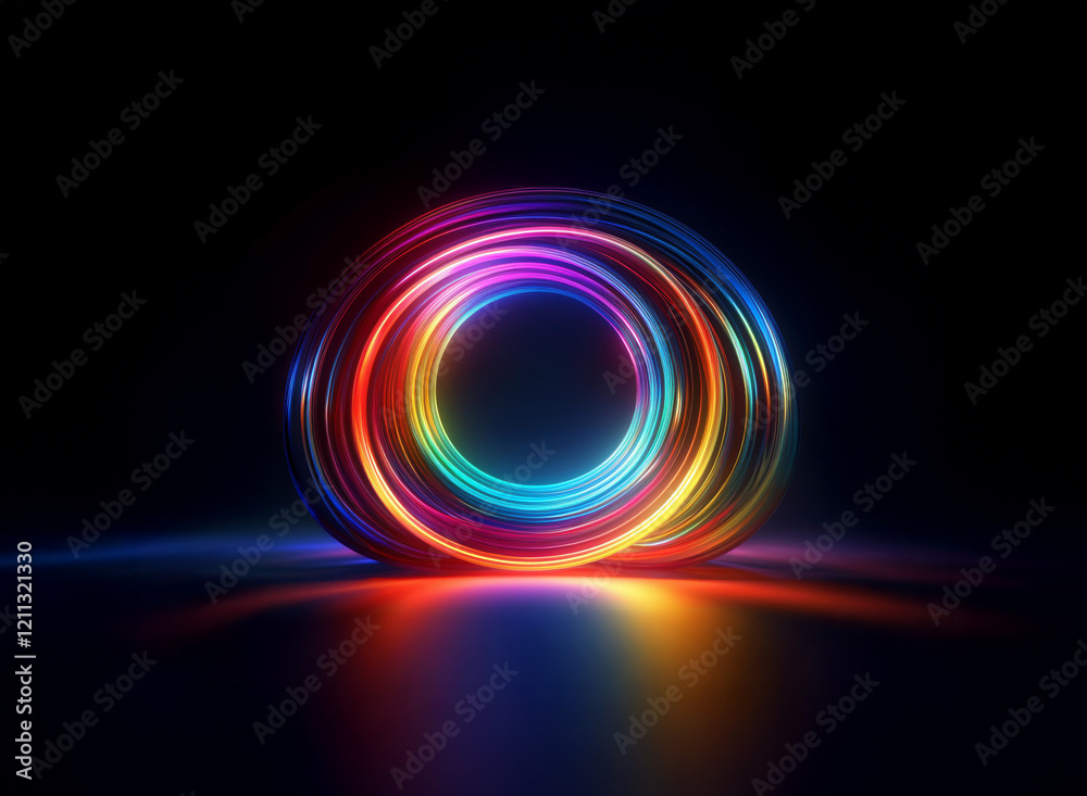 Vibrant, multicolored neon rings create a mesmerizing, swirling effect against a stark black background. The light reflects on a glossy surface below. Vibrant, multicolored neon rings create a mesmerizing, swirling effect against a stark black background. The light reflects on a glossy surface below.