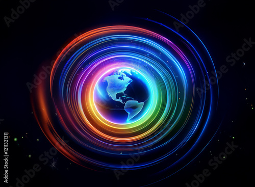 A vibrant Earth glows at the center of swirling, neon-colored rings against a dark backdrop, suggesting energy and global connection. photo