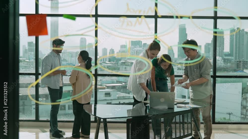 Group of diverse business people brainstorming about marketing plan. Professional multicultural business team working, talking, presenting about financial strategy at modern office. Tracery