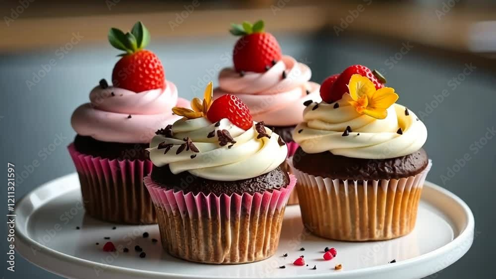 Three cupcakes with frosting and strawberries on top. One is pink, one is white, and one is brown Three cupcakes with frosting and strawberries on top. One is pink, one is white, and one is brown