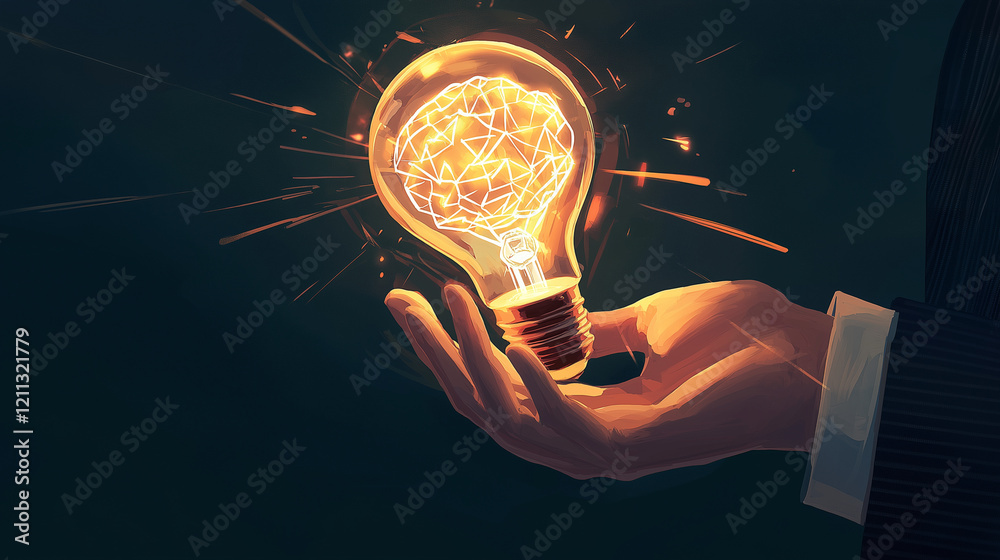 Fototapeta premium A hyperrealistic illustration of a businessman's hand gently holding a glowing light bulb, symbolizing an innovative idea.