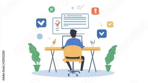 A professional answering questions on a leadership quiz on a laptop at an office desk.