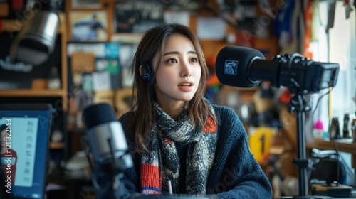 Contemporary Home Studio Sports Blogging Korean Woman in Casual Wear and Team Scarf with Microphones and Memorabilia - Engaging Digital Commentary and Fan Analysis Content Creation photo