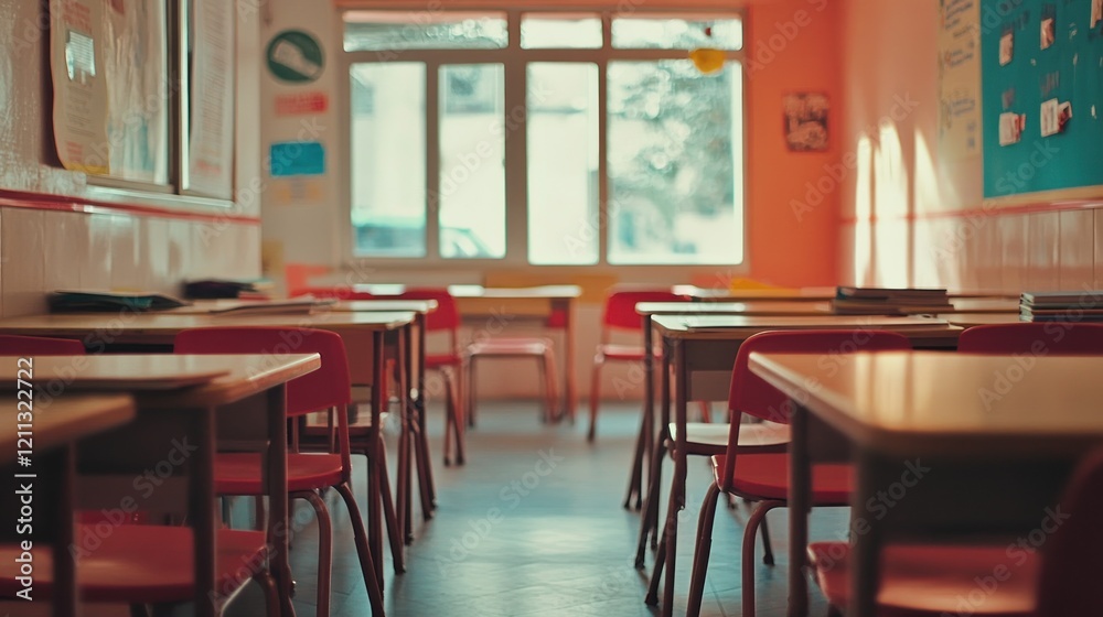 A classroom with empty desks and chairs, illuminated by natural light through a window. A classroom with empty desks and chairs, illuminated by natural light through a window.