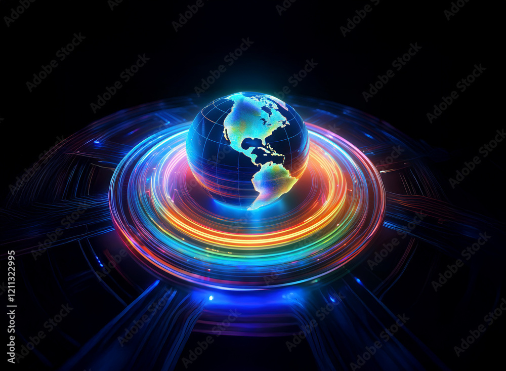 A luminous globe, showcasing North and South America, floats on a vibrant, multicolored ring of light, set against a dark background. The scene evokes feelings of technology, innovation, and global c A luminous globe, showcasing North and South America, floats on a vibrant, multicolored ring of light, set against a dark background. The scene evokes feelings of technology, innovation, and global c