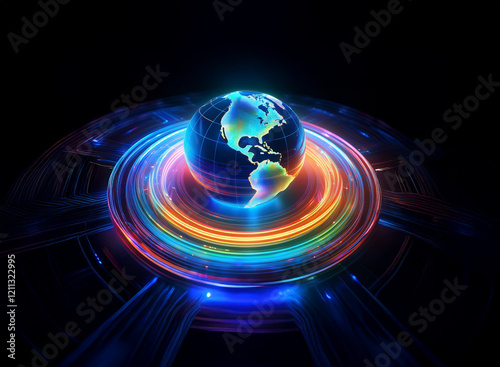 A luminous globe, showcasing North and South America, floats on a vibrant, multicolored ring of light, set against a dark background.  The scene evokes feelings of technology, innovation, and global c photo