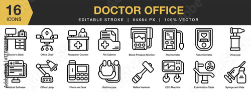 Doctor Office icon set. Editable Stroke Icon Collection. Includes doctor, health, care, hospital, clinic, office, and More. Outline icons vector collection.