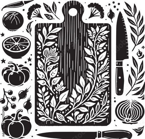 Black Color Cutting Board Silhouette Vector Illustration, Solid White Background. minimal vector design