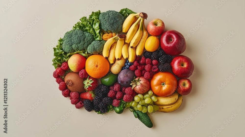 A colorful arrangement of fruits and vegetables shaped like a brain, symbolizing healthy eating. A colorful arrangement of fruits and vegetables shaped like a brain, symbolizing healthy eating.