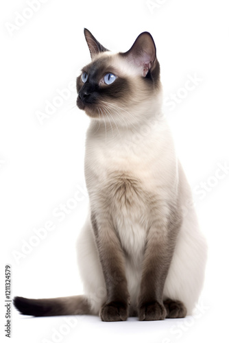 Beautiful Siamese cat with bright blue eyes on a white background.