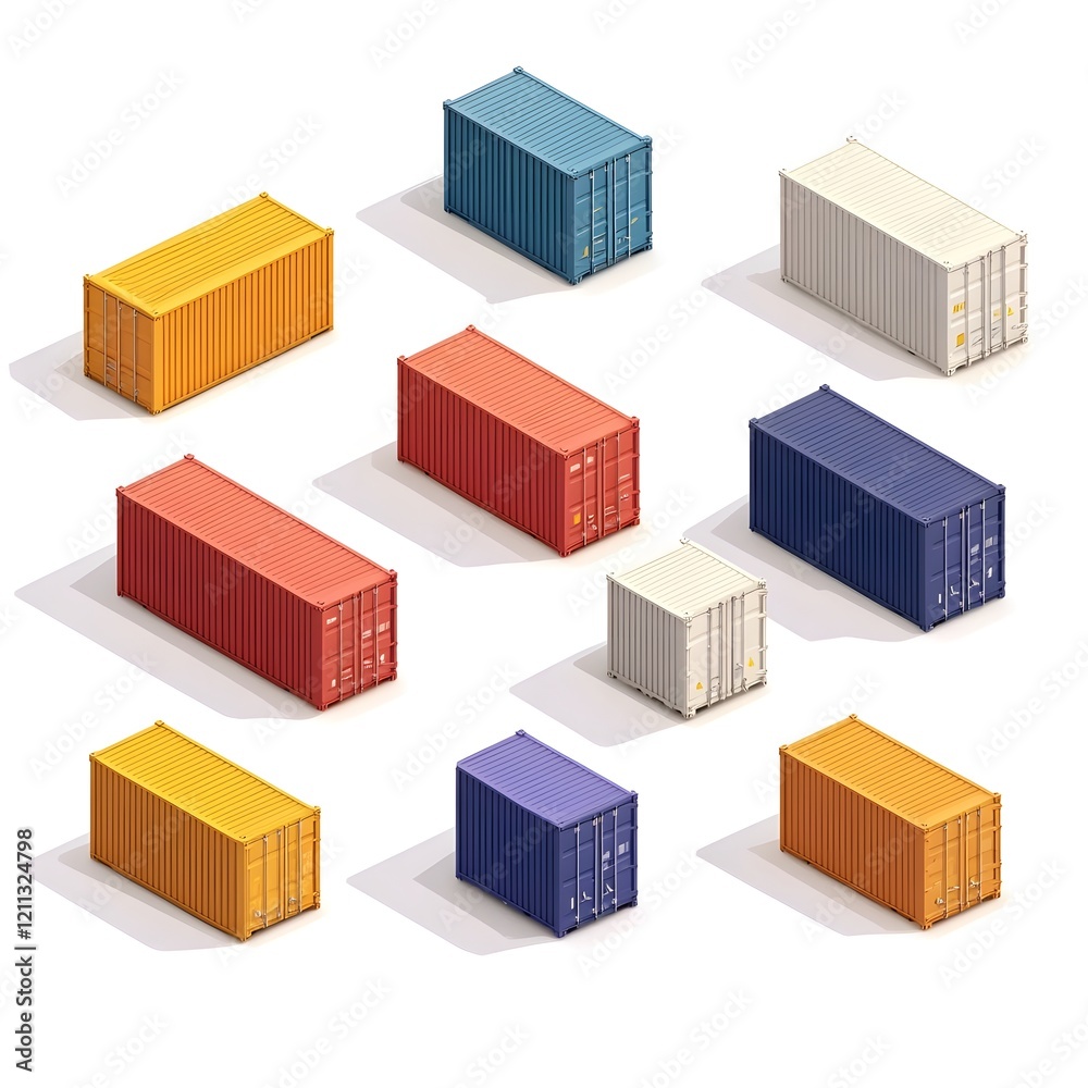Assortment of Isometric 3D Shipping Containers on Clean White Background Assortment of Isometric 3D Shipping Containers on Clean White Background