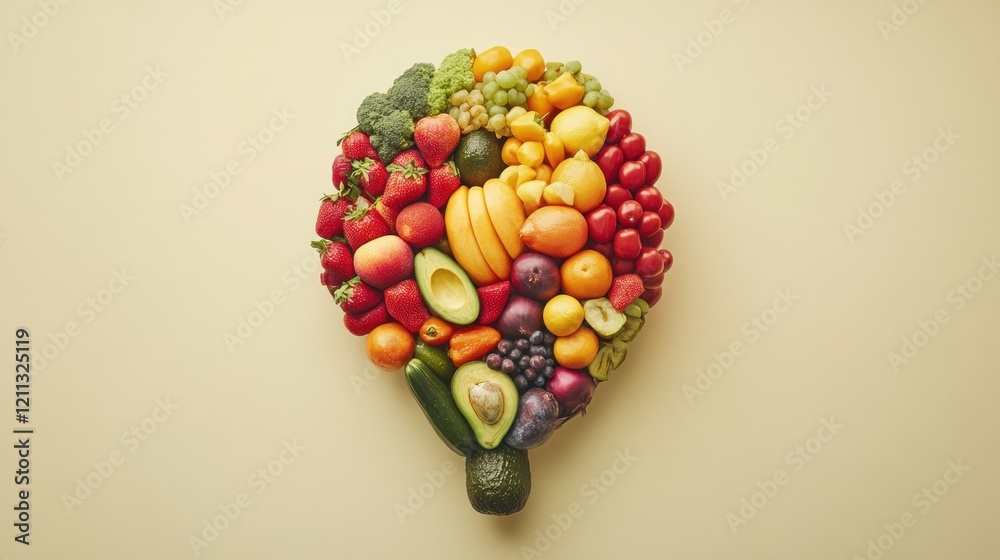A colorful arrangement of various fruits shaped like a brain, symbolizing health and nutrition. A colorful arrangement of various fruits shaped like a brain, symbolizing health and nutrition.