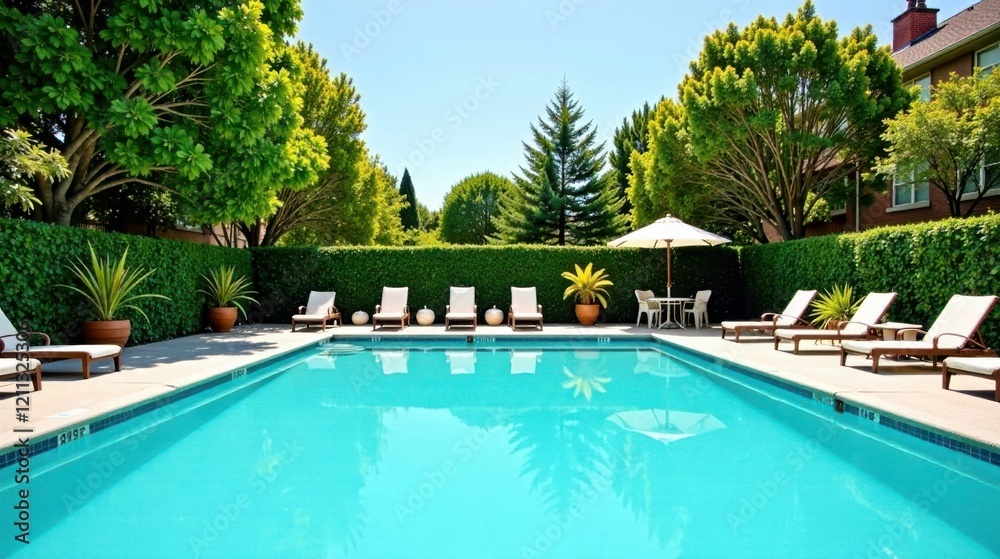 Fototapeta premium Serene Poolside Escape Lush Greenery, Inviting Water, and Relaxing Lounge Chairs