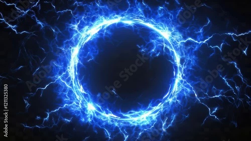 Dynamic blue energy ring pulsating with lightning in looping motion