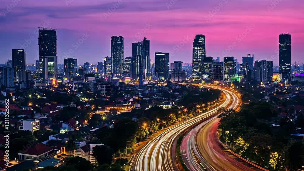 City skyline with vibrant sunset and light trails from busy highways captured in Jakarta's urban landscape City skyline with vibrant sunset and light trails from busy highways captured in Jakarta's urban landscape