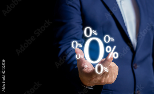 Businessman using mobile with zero percentage or 0 percent for Interest free,with a glowing 0% symbol prominently displayed on the screen, representing interest-free offers or zero-interest financing. photo