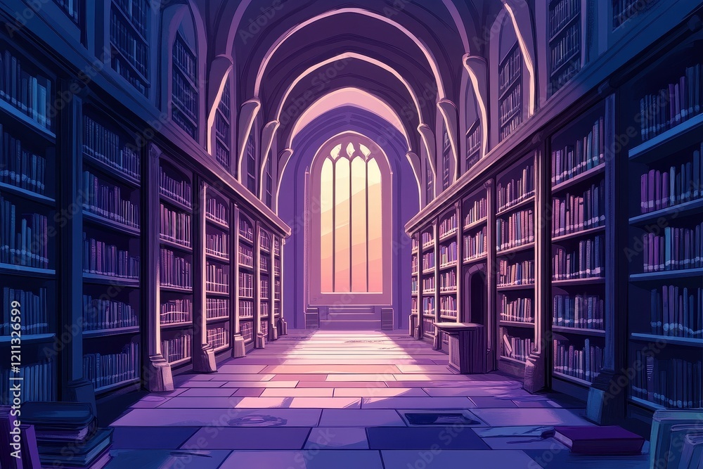 A Serene Gothic Library Filled With Books And Sunlight A Serene Gothic Library Filled With Books And Sunlight
