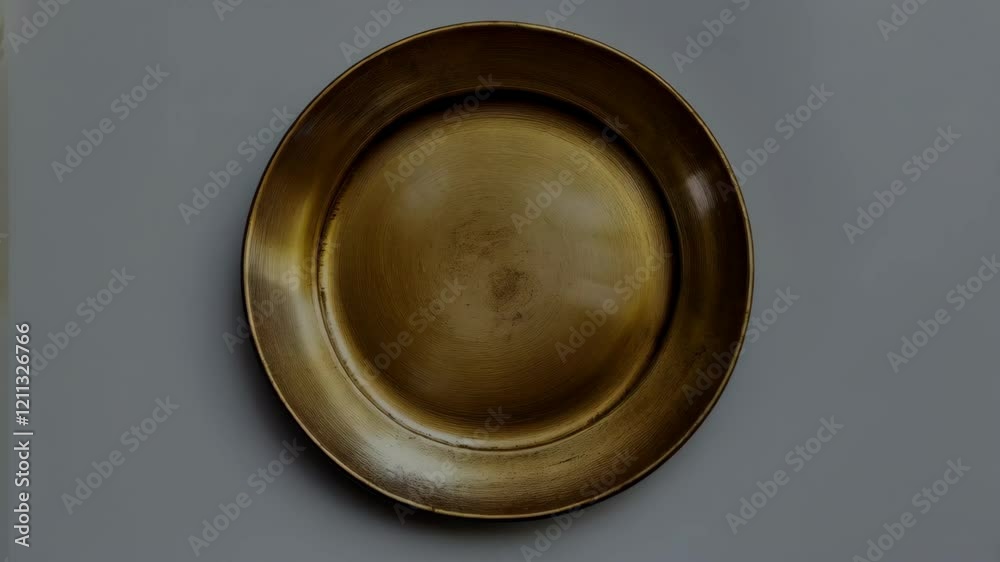 Golden plate rotation on grey background captured over three frames