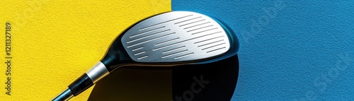 Close up of a Golf Club Head Against a Yellow and Blue Background photo