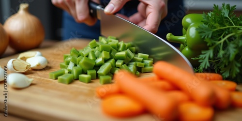 Close-up of Hands Chopping Fresh Bell Peppers and Carrots on a Bamboo Cutting Board photo