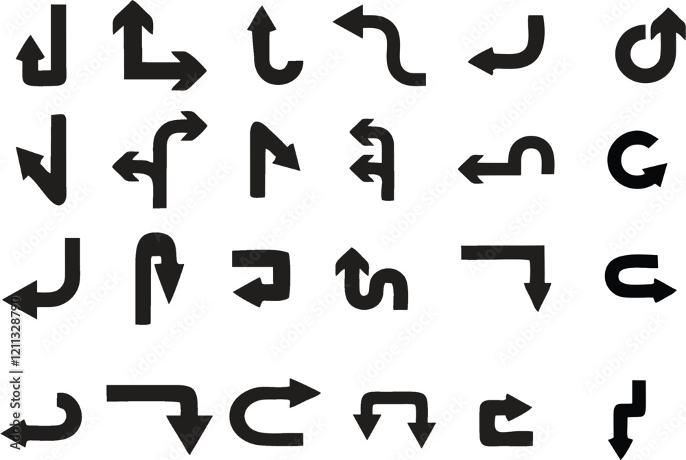 Multiple style and turn Arrow set isolated on white background. Traffic turn symbols and Direction Icons. Graphic design help for poster, banner, flyer or sticker. Online video games designing. EPS 10 Multiple style and turn Arrow set isolated on white background. Traffic turn symbols and Direction Icons. Graphic design help for poster, banner, flyer or sticker. Online video games designing. EPS 10