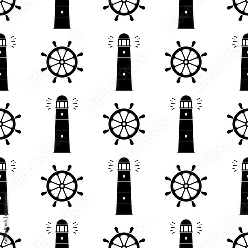 Lighthouse and anchor seamless pattern. Black silhouettes on white background, seamless sea travel pattern, flat style design. Seashore building, monochrome texture.