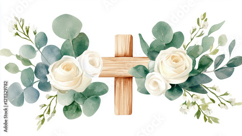 Elegant floral cross arrangement with white roses and greenery on white background