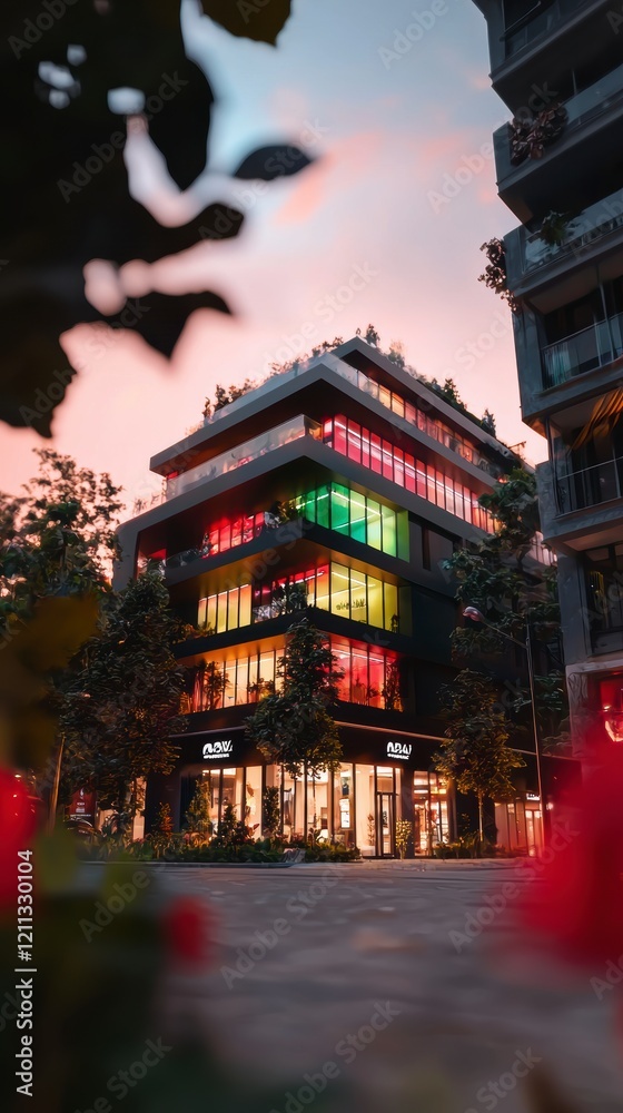 Obraz premium Modern Building Dusk Colorful Glass Panels Cityscape Architecture Night