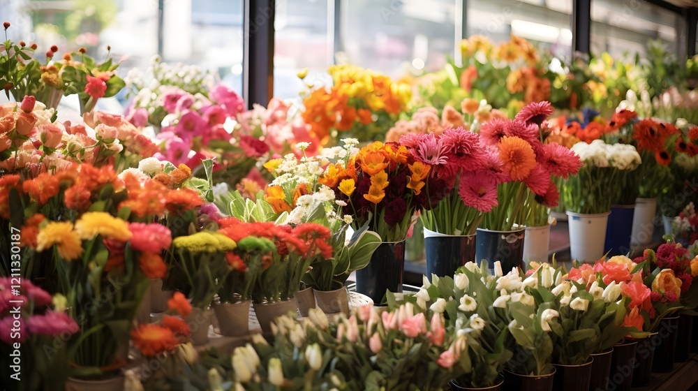 Colorful and vibrant display of various fresh flowers for sale at the supermarket entrance offering a welcoming and inviting atmosphere for customers to shop for seasonal blooms and botanical decor Colorful and vibrant display of various fresh flowers for sale at the supermarket entrance offering a welcoming and inviting atmosphere for customers to shop for seasonal blooms and botanical decor