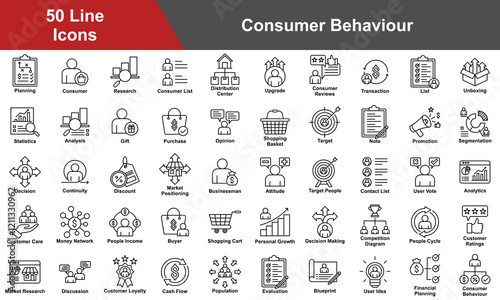 Consumer Behavior Icon Set Collection. Containing Planning, Consumer, Research, Upgrade, Consumer Reviews, Transaction, List, Attitude, Statistics, Analysis, Gift. Simple Line Vector Illustration.