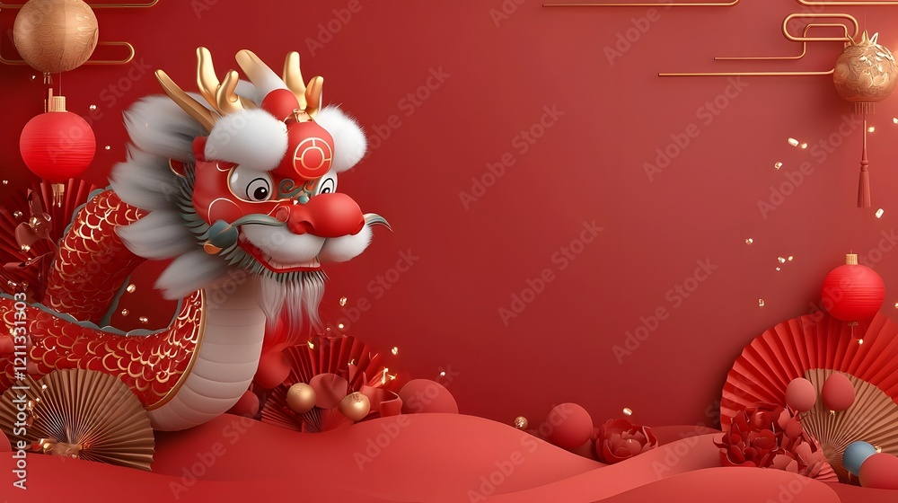 Fototapeta premium Striking 3D Chinese Dragon Head Adorned with Vibrant Patterns Fluffy Details and Glowing Light Trails Set Against a Bold Festive Backdrop