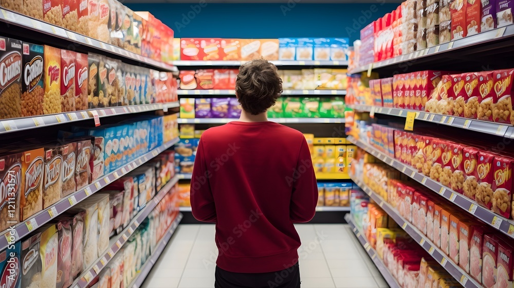 Shopper standing in the breakfast cereal aisle of a grocery store carefully examining and comparing two different brands of cereal on the shelves Shopper standing in the breakfast cereal aisle of a grocery store carefully examining and comparing two different brands of cereal on the shelves
