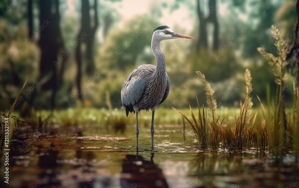 Naklejka premium Heron in a Tranquil Pond