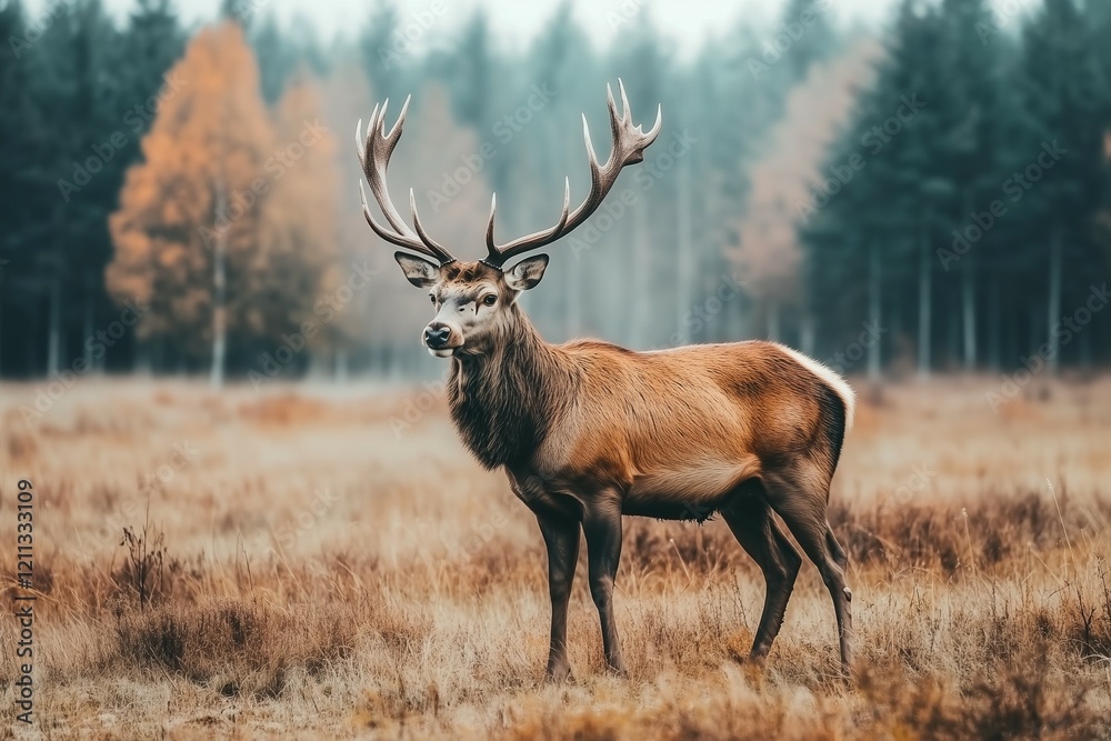 Fototapeta premium Red deer stag standing in a meadow, front view, with large antlers