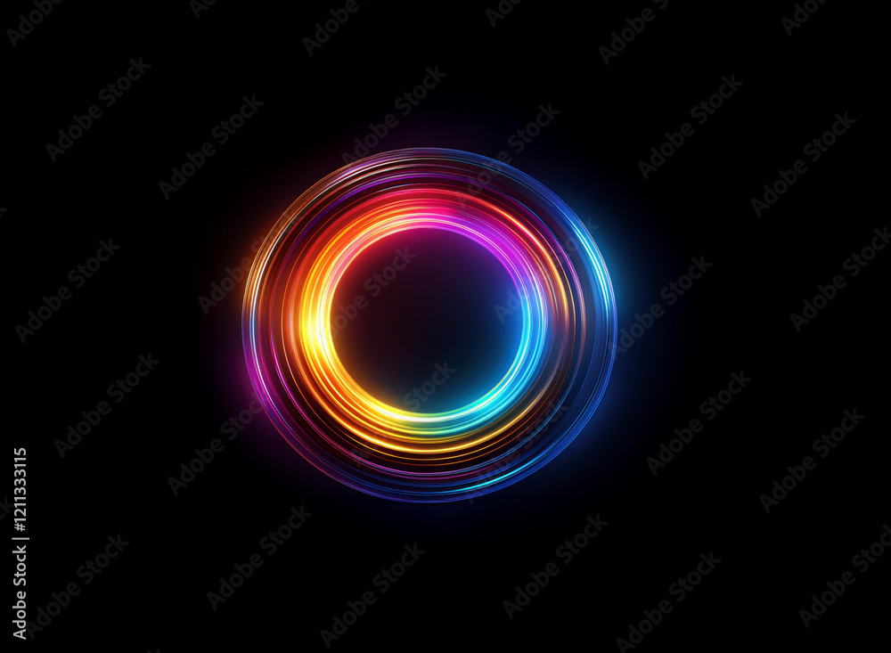 Vibrant, glowing concentric circles of light radiate outwards on a pitch-black background, creating a mesmerizing, colorful halo effect. Vibrant, glowing concentric circles of light radiate outwards on a pitch-black background, creating a mesmerizing, colorful halo effect.
