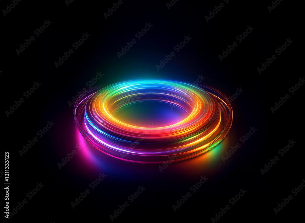 Vibrant, luminous rainbow rings glow intensely against a stark black backdrop. The concentric circles create a mesmerizing, three-dimensional effect. Light trails and reflections add depth. Vibrant, luminous rainbow rings glow intensely against a stark black backdrop. The concentric circles create a mesmerizing, three-dimensional effect. Light trails and reflections add depth.