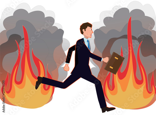 火災の中を逃げるビジネスマン。